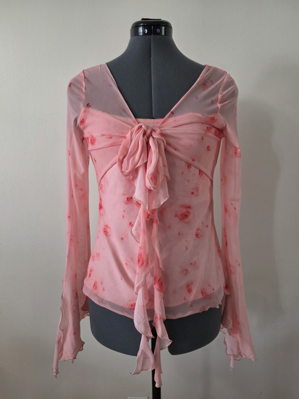 ​Y2K Style Pink Floral Mesh Overlay Top | Bell Sleeves Tie Front Ruffle | Size S
